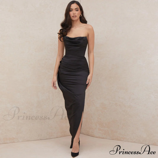Cowl Neck Split Trendy Satin Maxi Dress S / Black