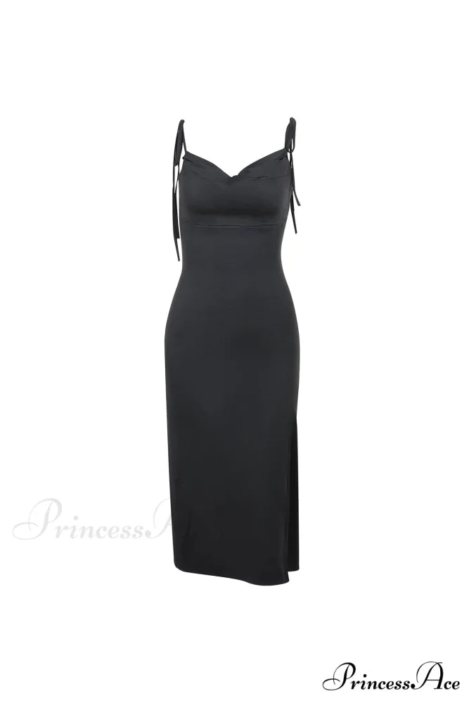 Cowl Neck Tie-straps Dress with Slit Black / L