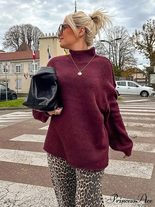 Cozy Elevated Collar Vintage Jumper wine red / S swraters-241228