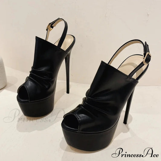 Cozy Pleated Leather Super-High Platform Nightclub Party Peep-Toe Black Sexy High Heel Black / 35