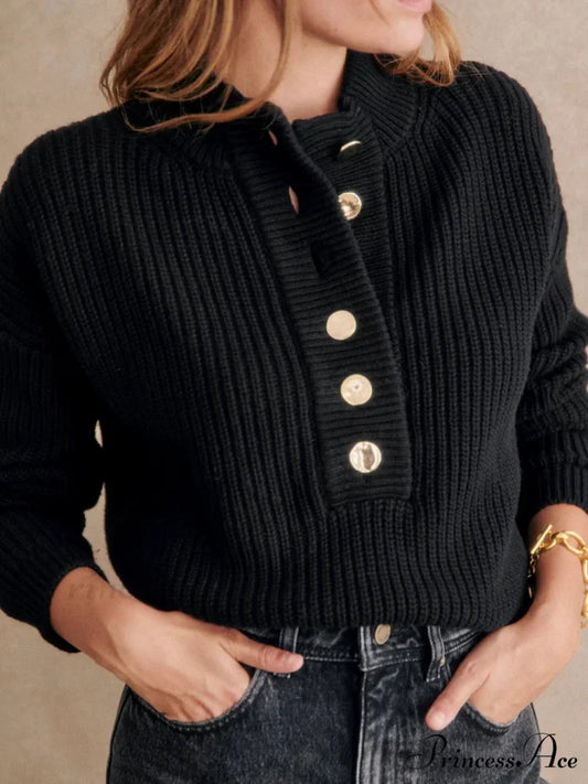 Cozy Warm Jacquard Long Sleeve Button Female Casual Christmas Sweater black / S