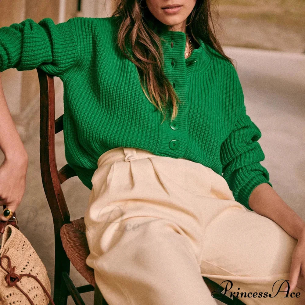 Cozy Warm Jacquard Long Sleeve Button Female Casual Christmas Sweater green / S