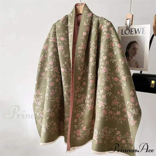 Cozy Wrap Blossom Pattern Cashmere Scarf green scarf-241228