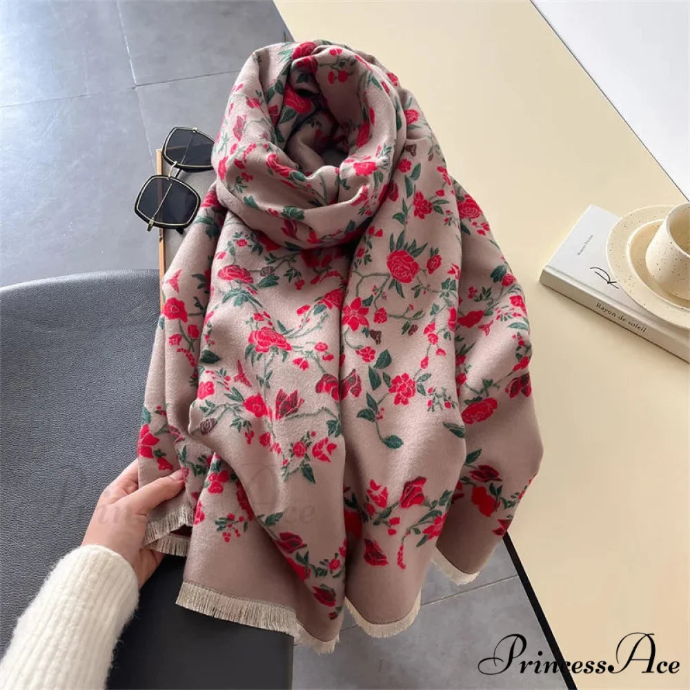 Cozy Wrap Blossom Pattern Cashmere Scarf red 2 scarf-241228