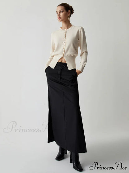 Cream Button Graceful Down Curved Cardigan Off-White / S