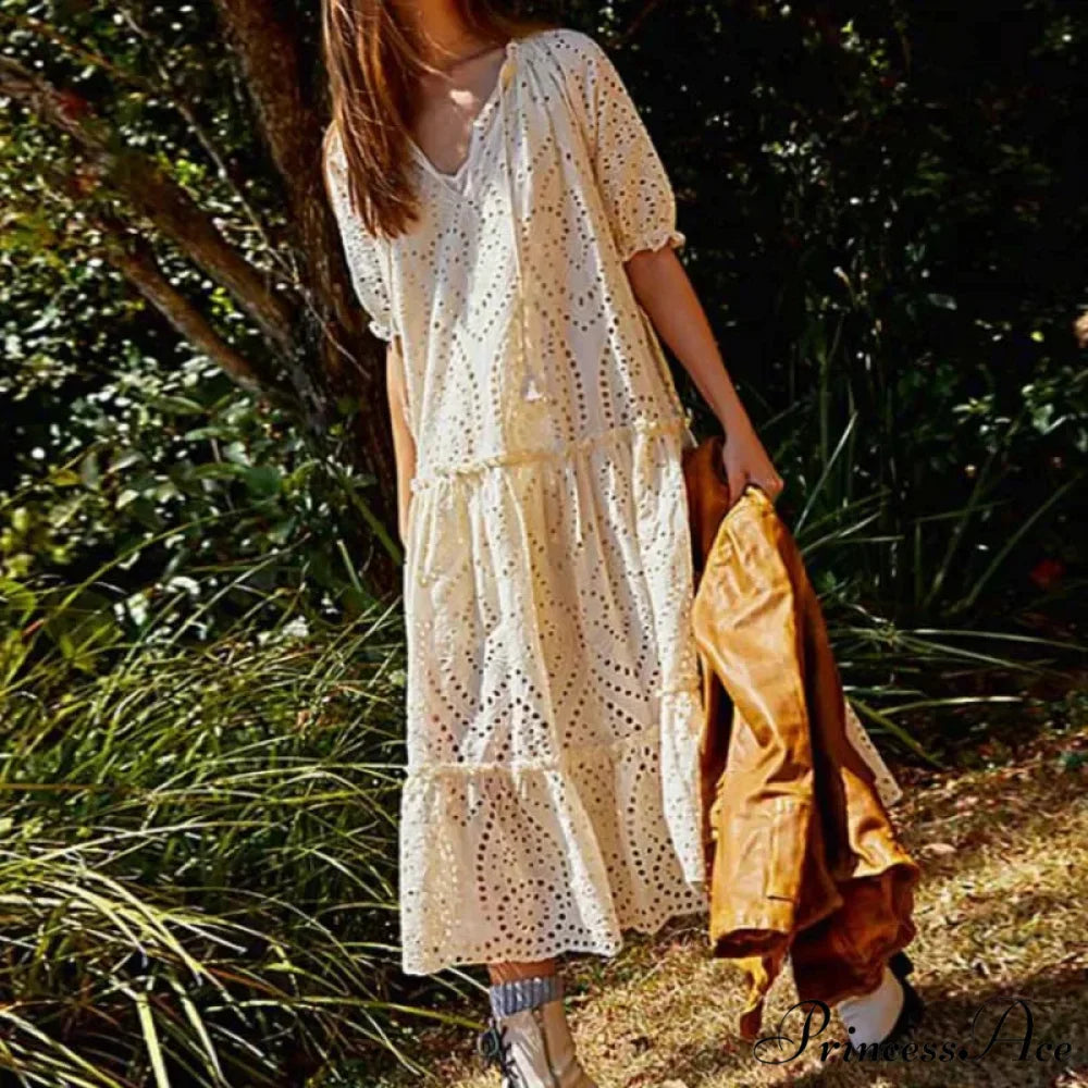 Cream Cotton Extended Lace Gown WHITE / One Size bohodress-250126