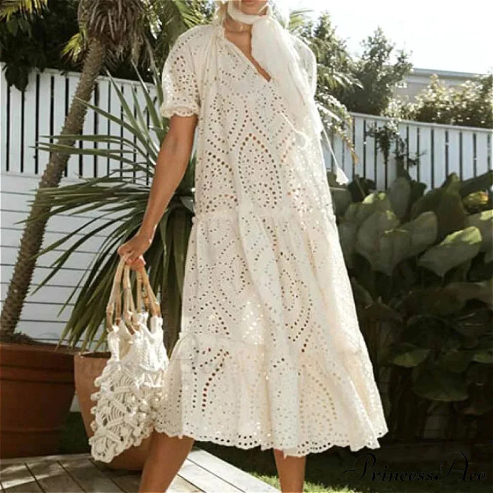 Cream Cotton Extended Lace Gown WHITE / One Size bohodress-250126