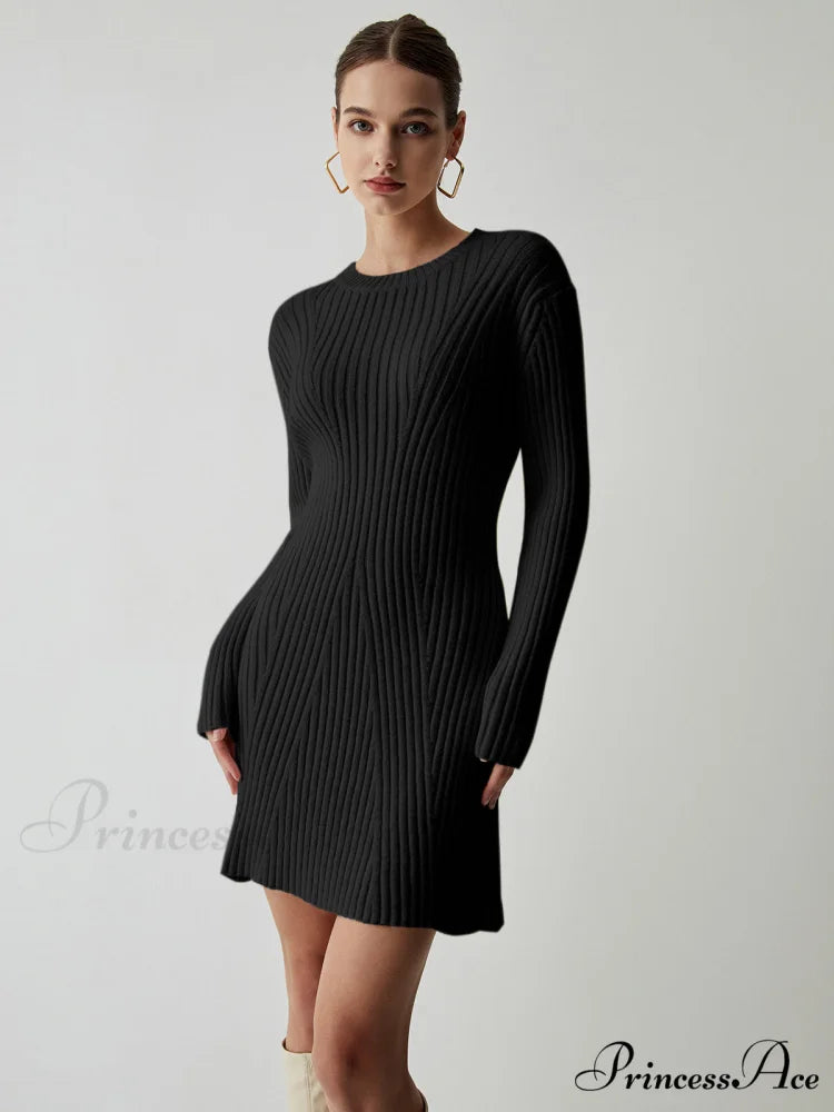 Cream Rib Long Trendy Sleeve Short Sweater Dress Black / S