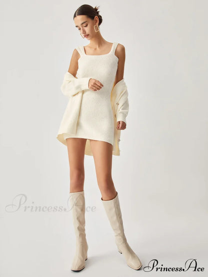 Cream Short Sweater Trendy Dress With Matching Cardigan