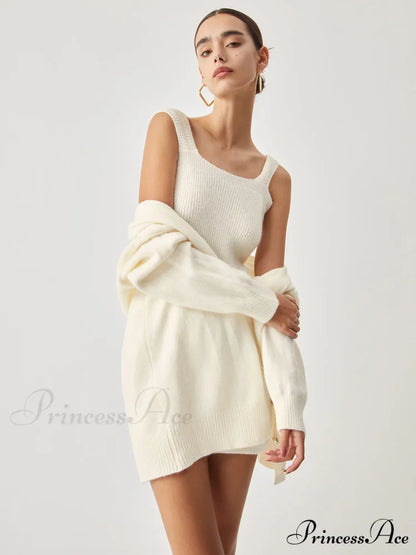 Cream Short Sweater Trendy Dress With Matching Cardigan