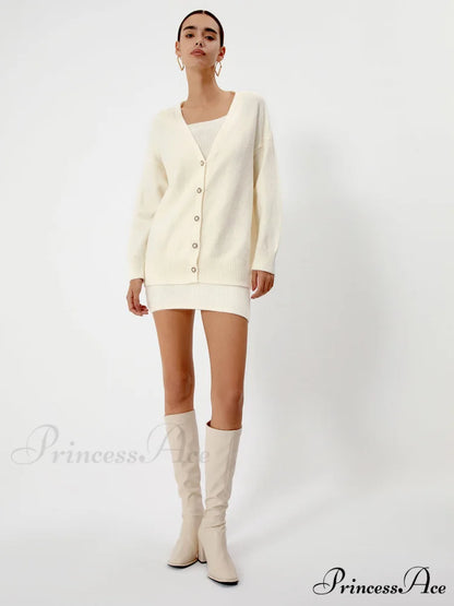 Cream Short Sweater Trendy Dress With Matching Cardigan Apricot / XS