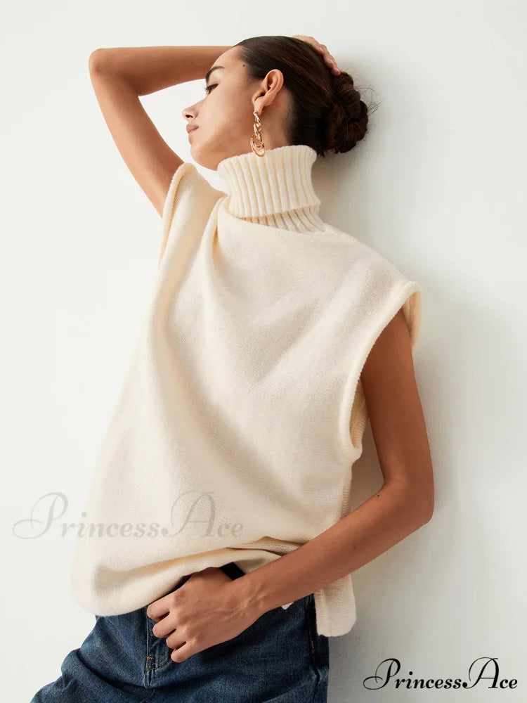 Cream Turtleneck Graceful Sweater Vest White / S