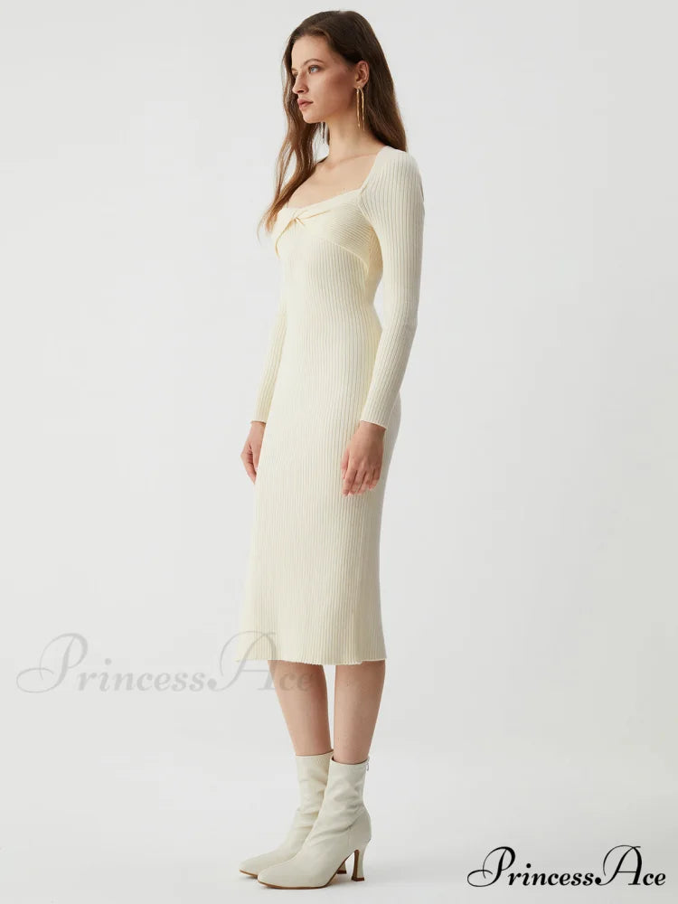Cream Twist Detail Long Modern Sleeve Midi Sweater Dress