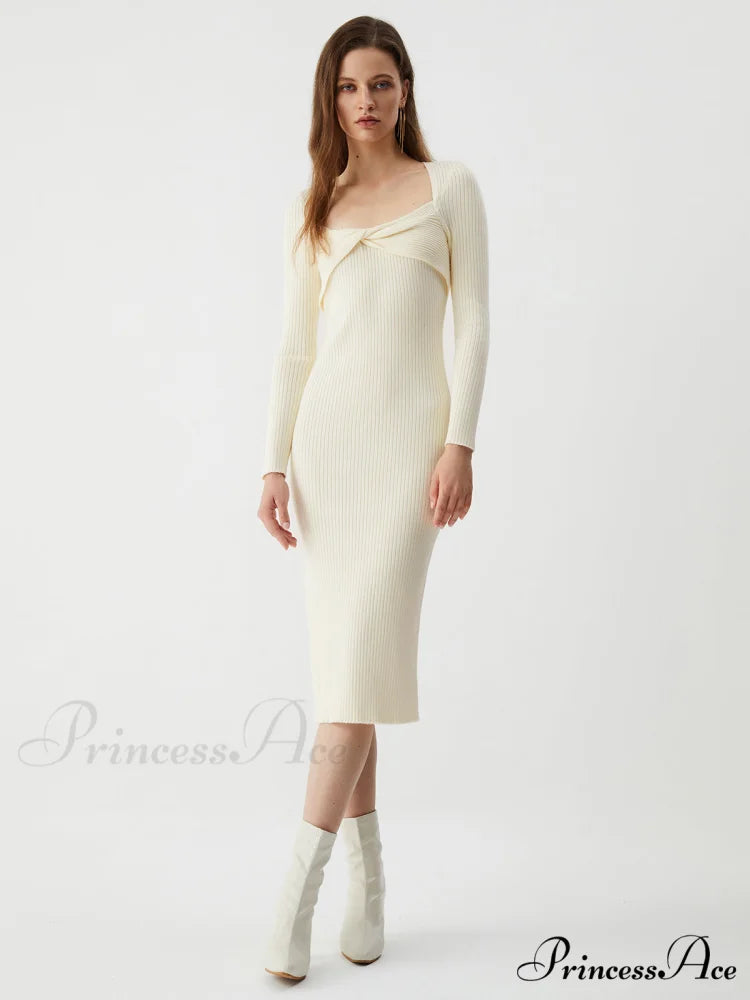 Cream Twist Detail Long Modern Sleeve Midi Sweater Dress