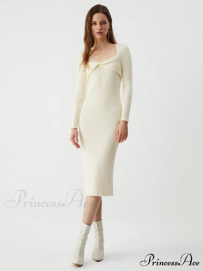 Cream Twist Detail Long Modern Sleeve Midi Sweater Dress
