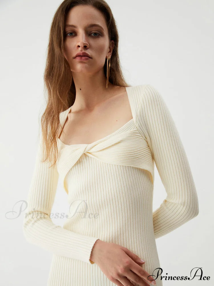 Cream Twist Detail Long Modern Sleeve Midi Sweater Dress