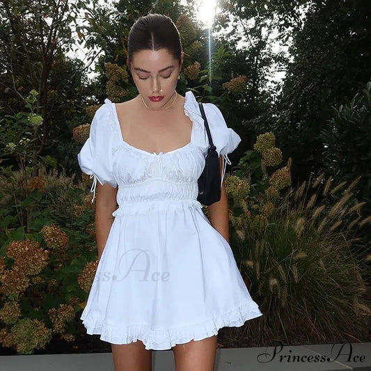 Creamy Billowy Sleeve Short Dress minidress-250223
