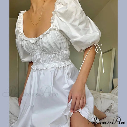 Creamy Billowy Sleeve Short Dress minidress-250223