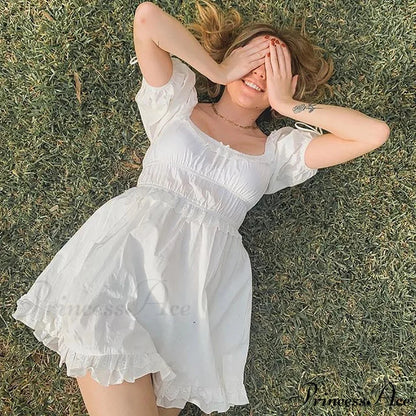 Creamy Billowy Sleeve Short Dress minidress-250223