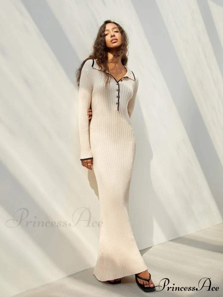 Creamy Flatwhite Contrast Trendy Trim Long Sweater Dress