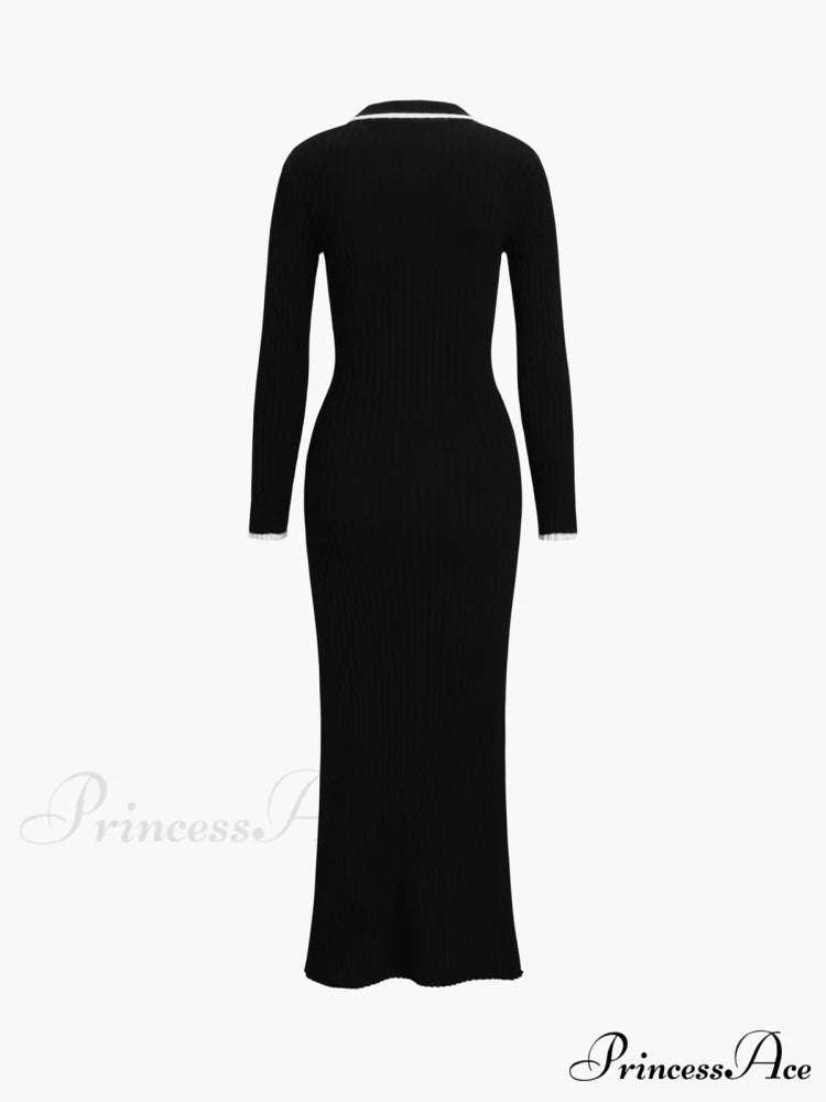 Creamy Flatwhite Contrast Trendy Trim Long Sweater Dress