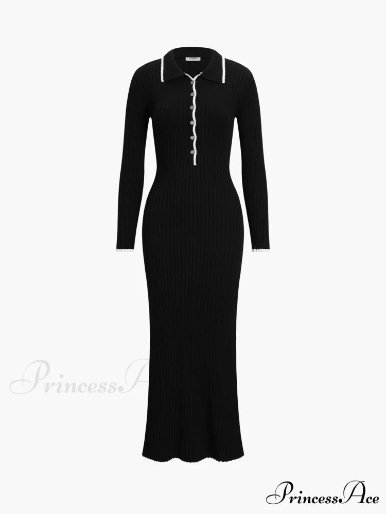 Creamy Flatwhite Contrast Trendy Trim Long Sweater Dress Black / XS