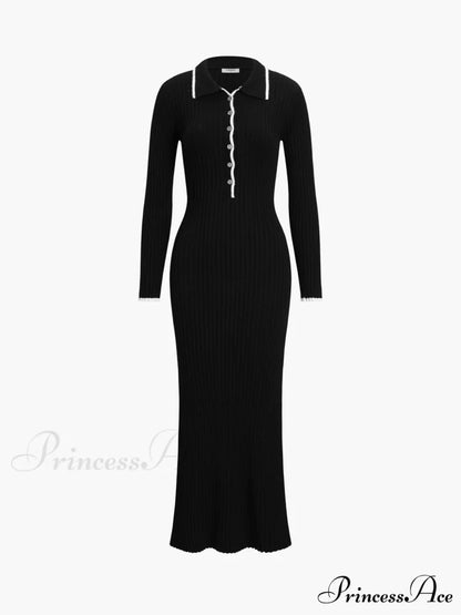 Creamy Flatwhite Contrast Trendy Trim Long Sweater Dress Black / XS