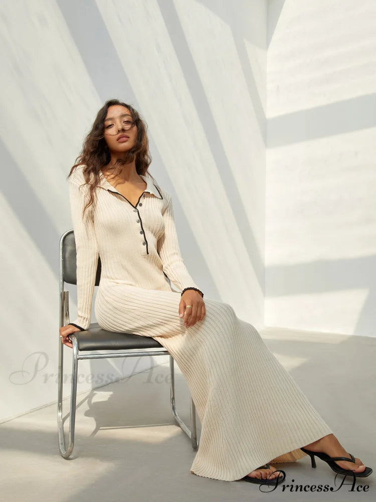 Creamy Flatwhite Contrast Trendy Trim Long Sweater Dress Off-White / XS