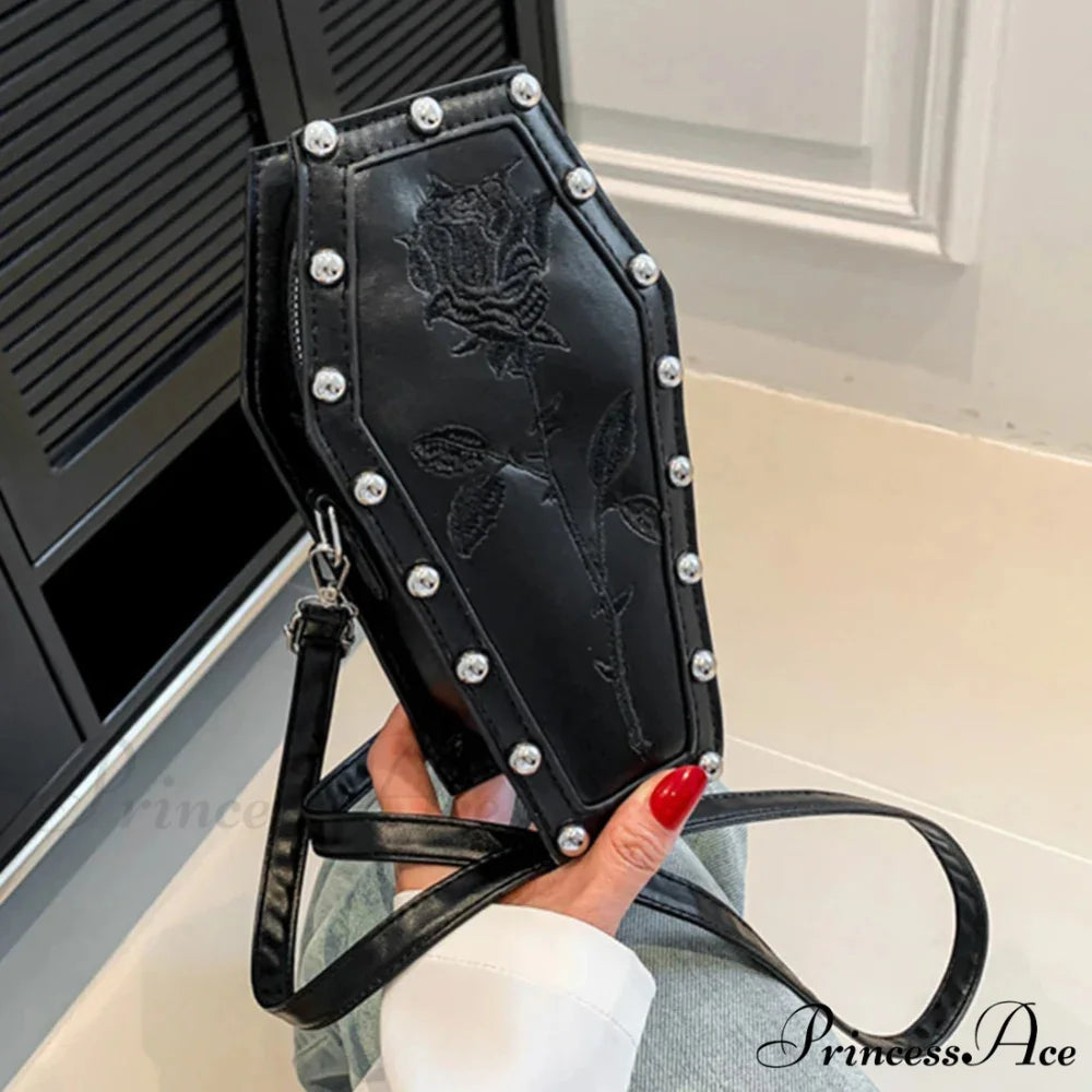 Creative PU Coffin Shape Embroidery Underarm Phone Office Travel Bag Black
