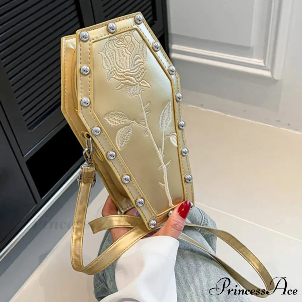 Creative PU Coffin Shape Embroidery Underarm Phone Office Travel Bag Gold