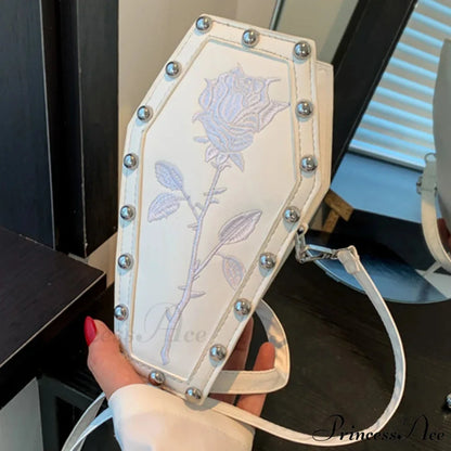 Creative PU Coffin Shape Embroidery Underarm Phone Office Travel Bag White