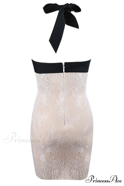 Crepe Paneled Lace Charming Halterneck Mini Dress
