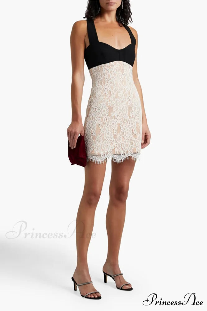 Crepe Paneled Lace Charming Halterneck Mini Dress