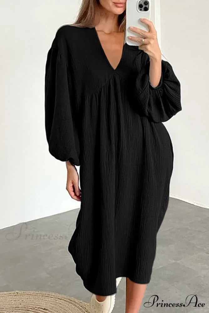 Crepe V Neck Puff Sleeve Loose Dress Black / S
