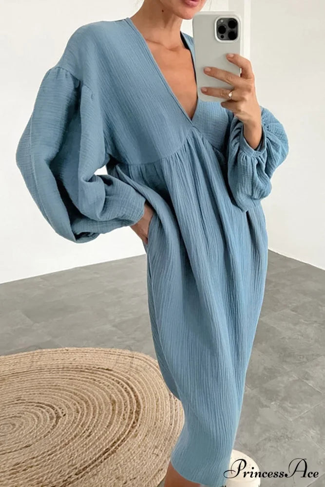 Crepe V Neck Puff Sleeve Loose Dress Blue / L