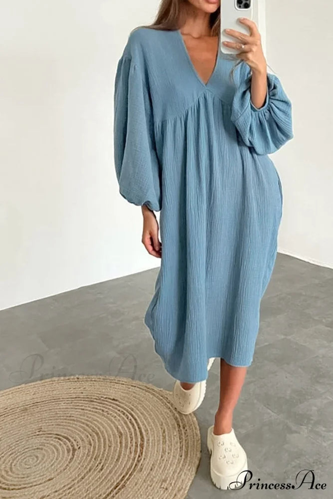 Crepe V Neck Puff Sleeve Loose Dress Blue / M