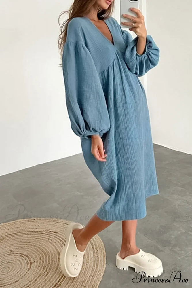 Crepe V Neck Puff Sleeve Loose Dress Blue / S