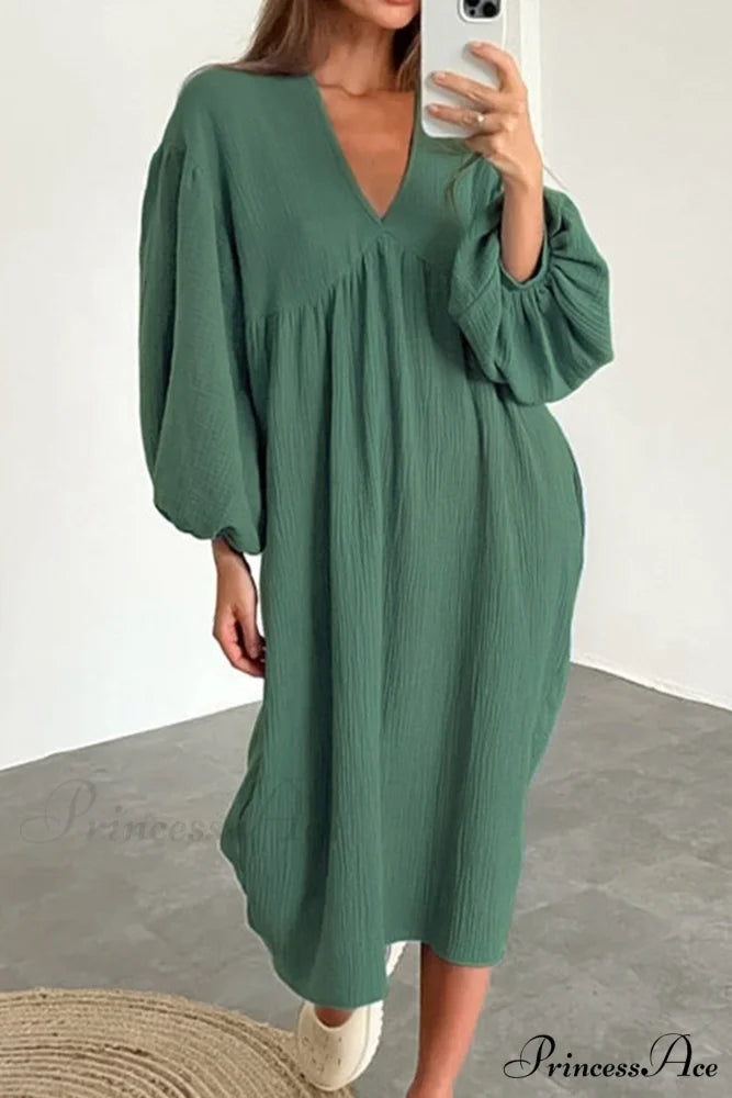 Crepe V Neck Puff Sleeve Loose Dress Green / S