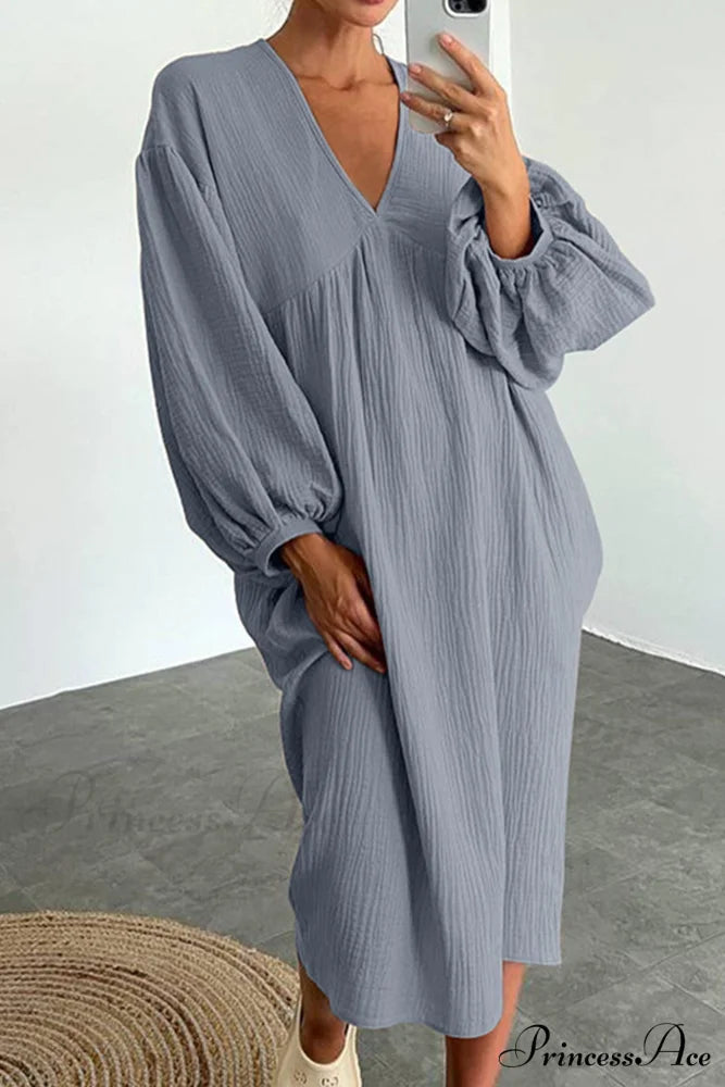 Crepe V Neck Puff Sleeve Loose Dress Grey / S