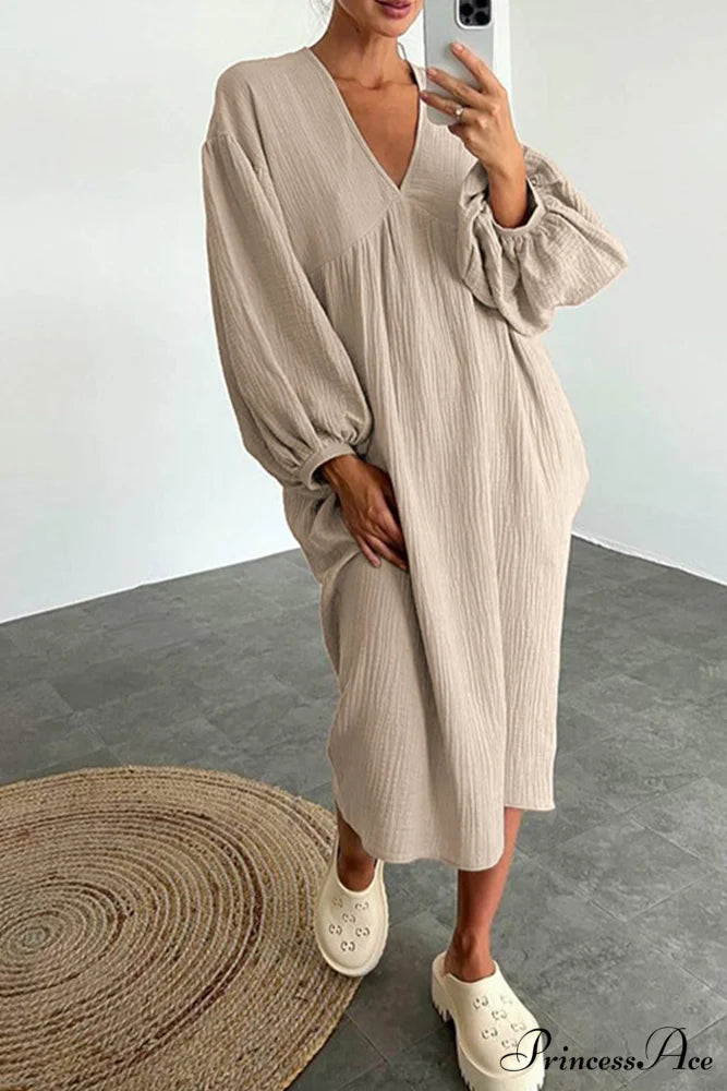 Crepe V Neck Puff Sleeve Loose Dress Khaki / S