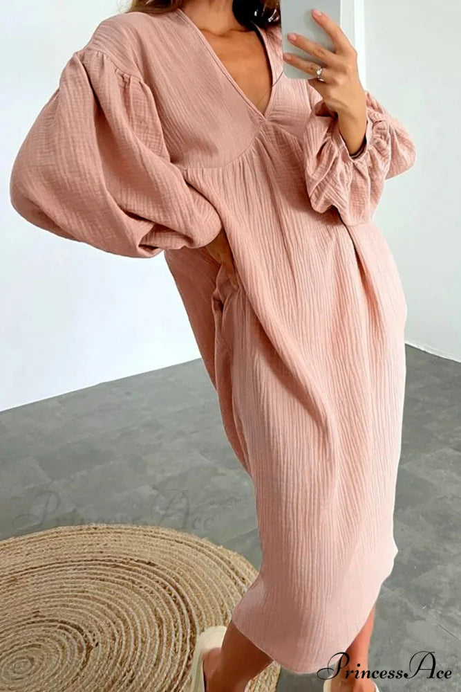Crepe V Neck Puff Sleeve Loose Dress Pink / L