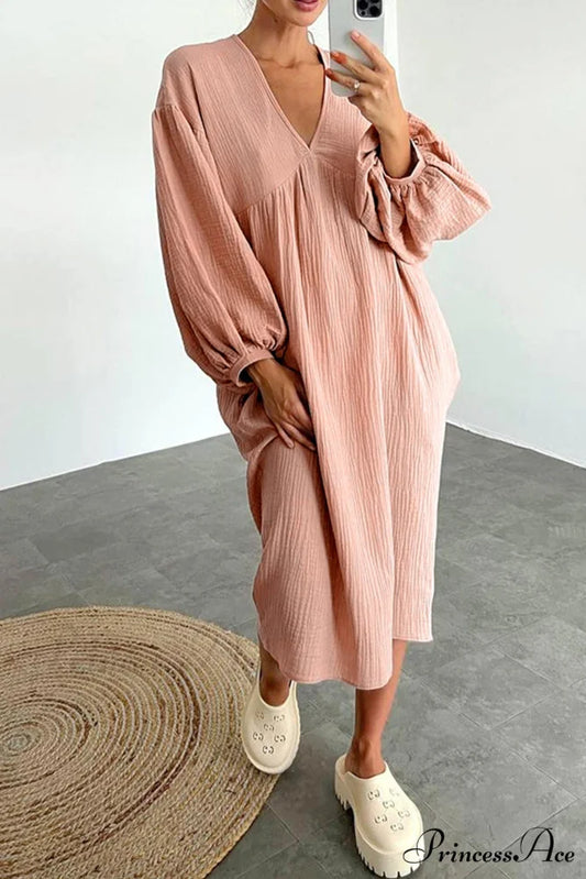 Crepe V Neck Puff Sleeve Loose Dress Pink / M