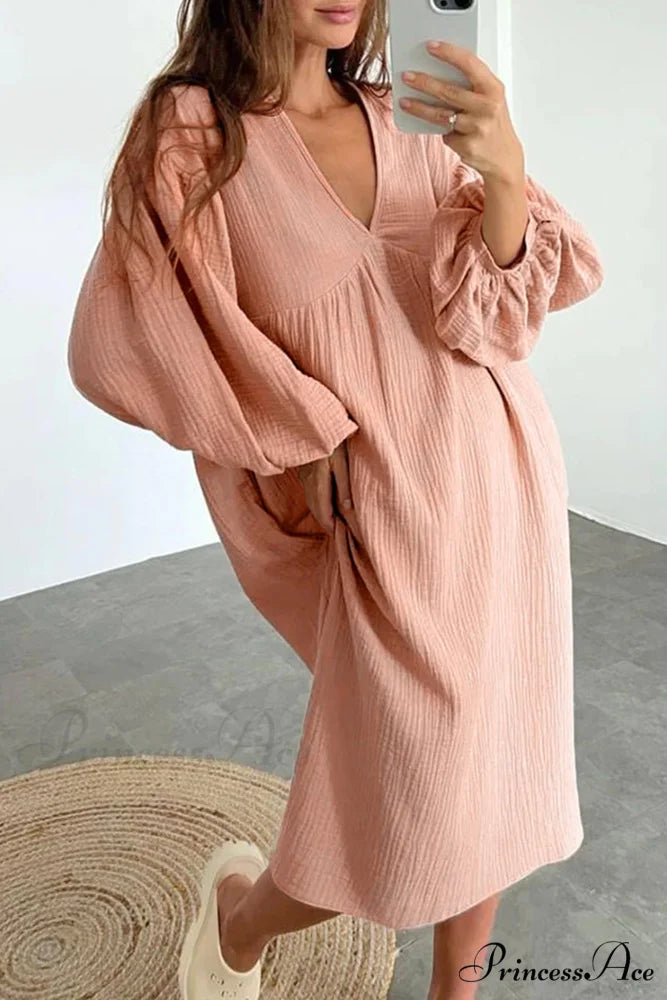 Crepe V Neck Puff Sleeve Loose Dress Pink / S