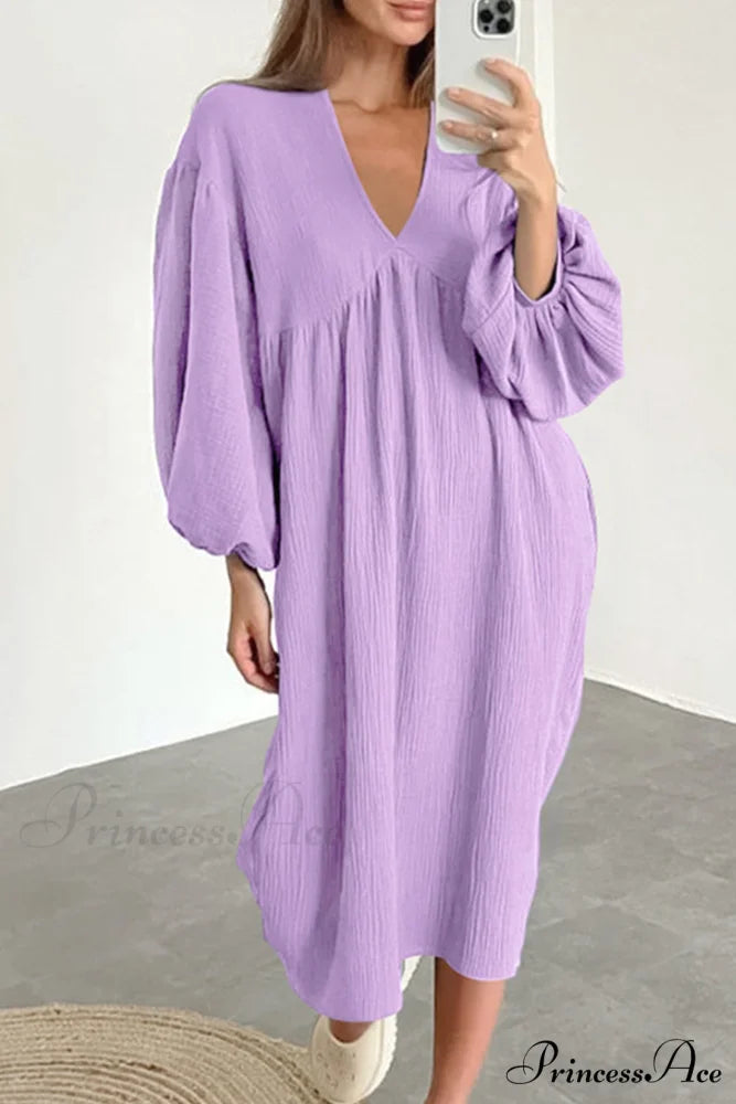 Crepe V Neck Puff Sleeve Loose Dress Purple / S