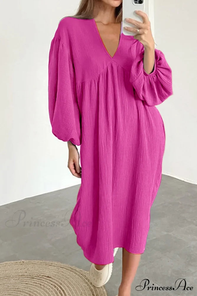 Crepe V Neck Puff Sleeve Loose Dress Rose / S