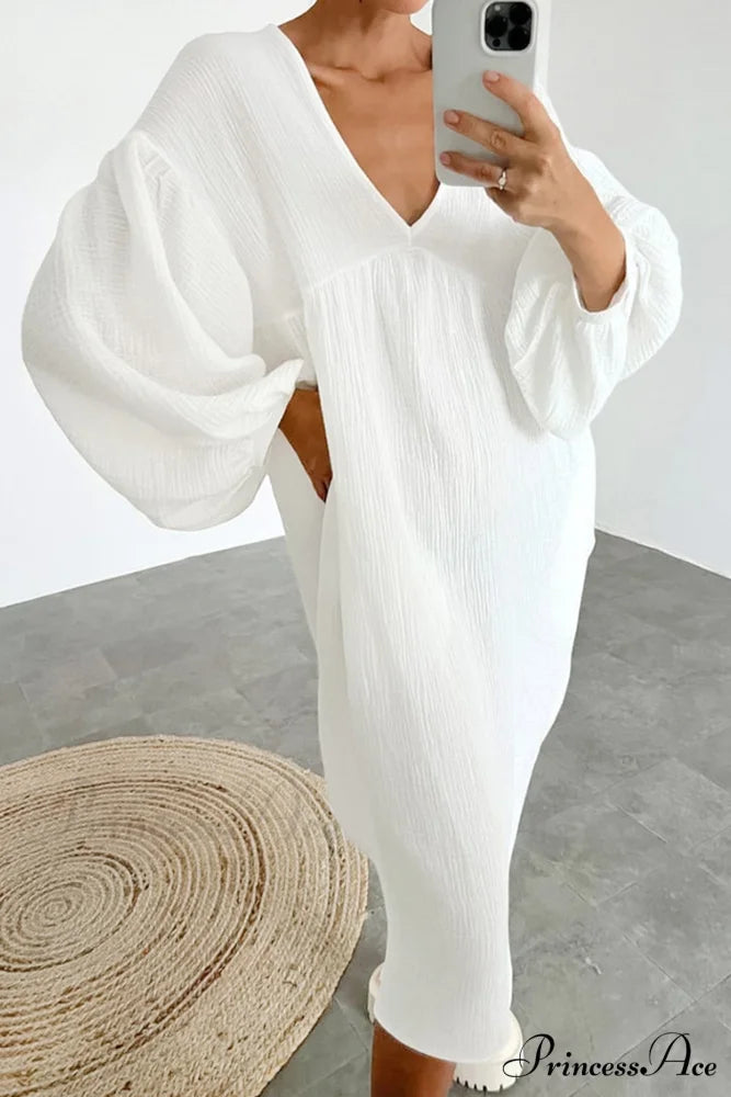 Crepe V Neck Puff Sleeve Loose Dress White / L