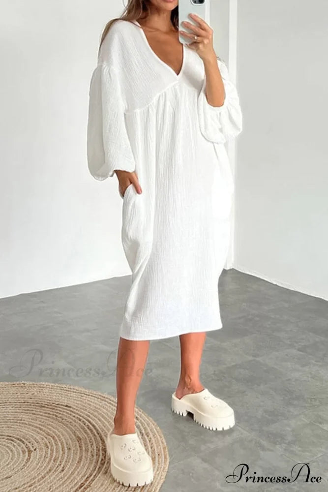 Crepe V Neck Puff Sleeve Loose Dress White / M