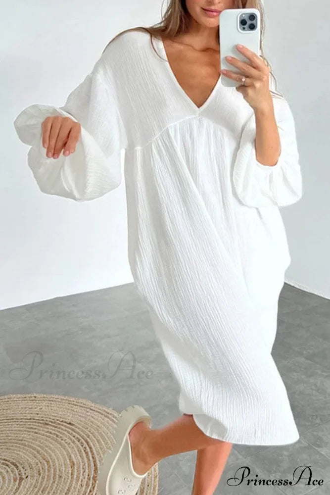 Crepe V Neck Puff Sleeve Loose Dress White / S