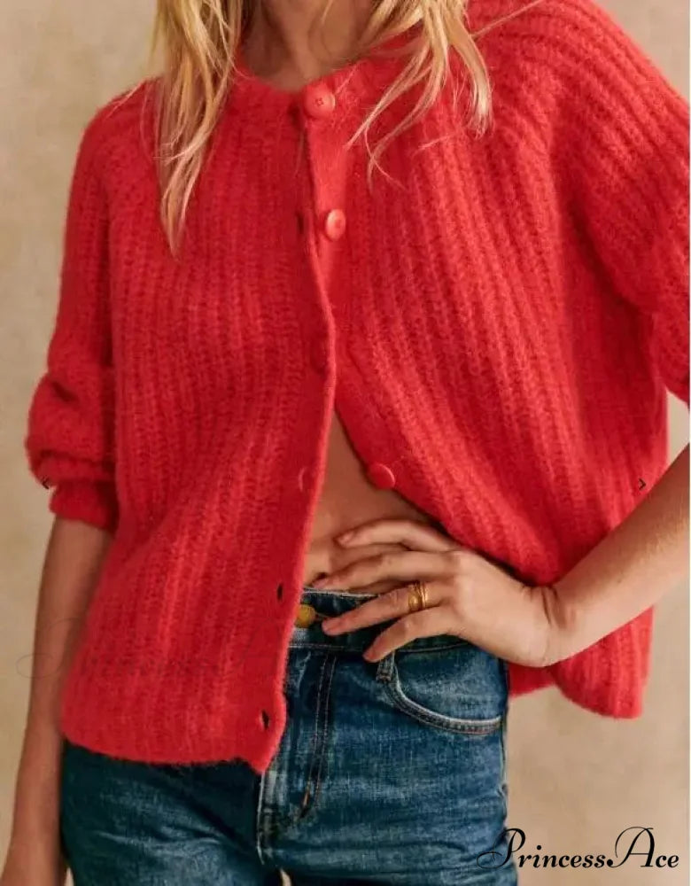 Crew Neck Button-Up Knit Cardigan red / S cardigans-241228