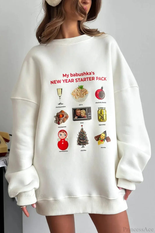 Crew Neck Cartoon Print Fleece Lined Sweatshirt